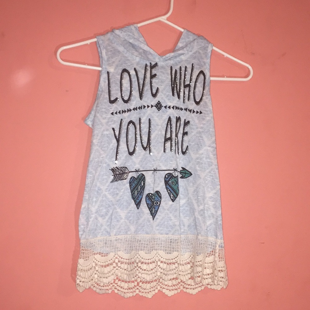 Love who you are kids hooded lace trim tank